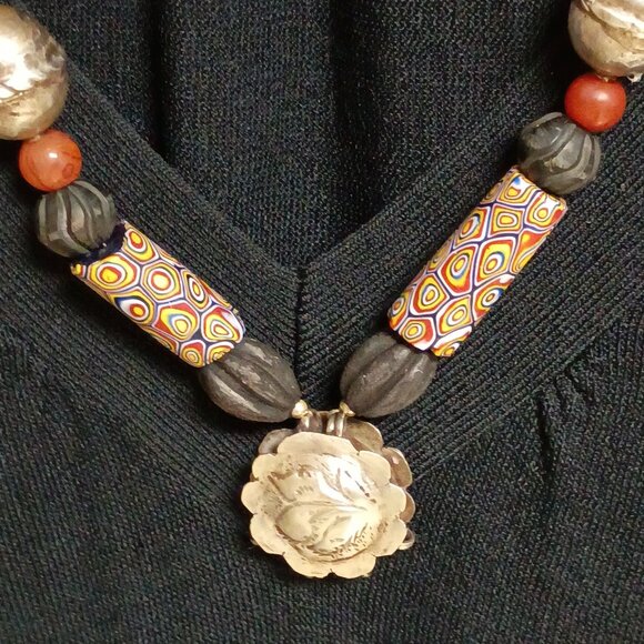 ❤️CUSTOM AFRICAN TRADE BEADS AMBER STERLING NECKLACE 13.5" DROP - Picture 2 of 9